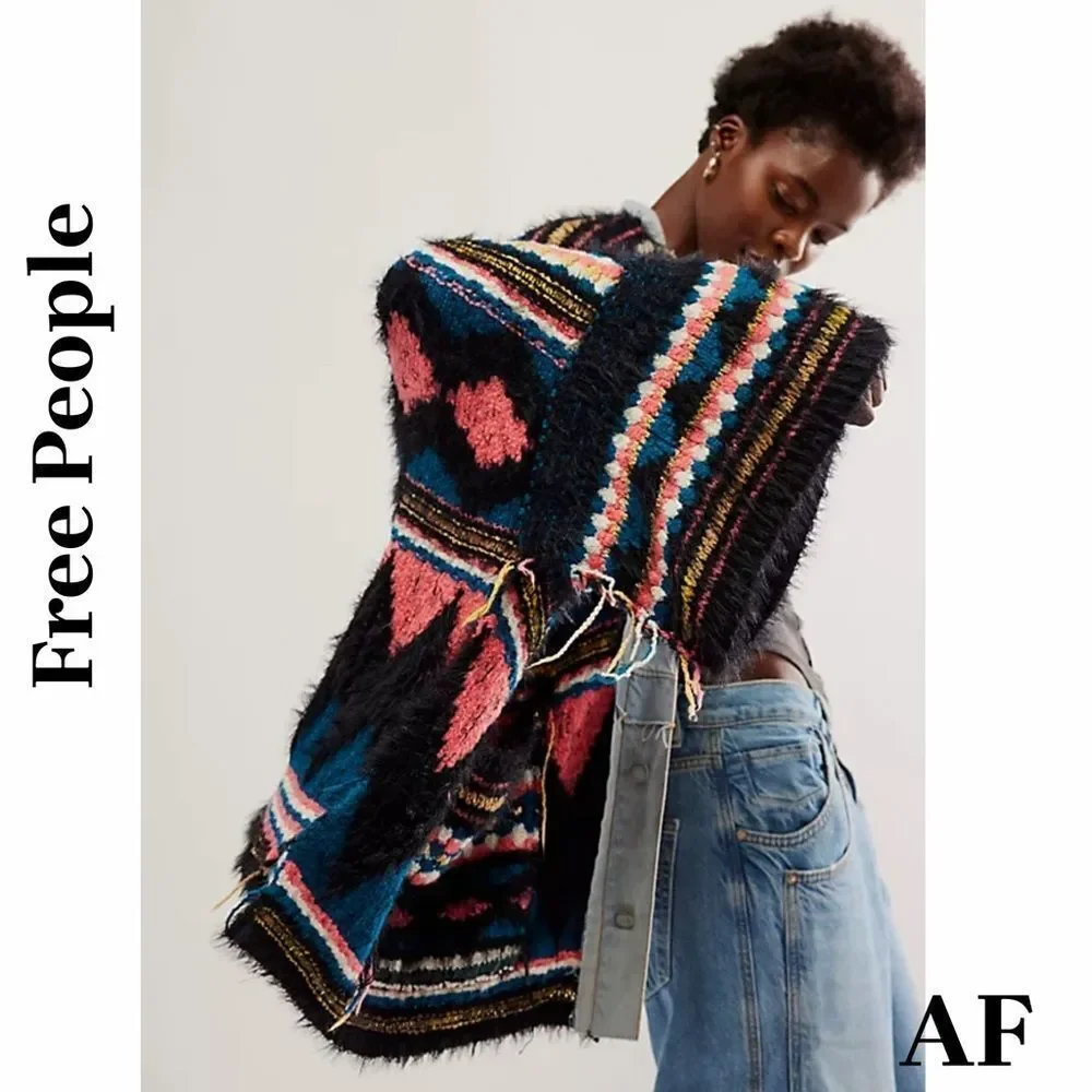 Free People Running Wild Poncho in Black Lighting XS/S New